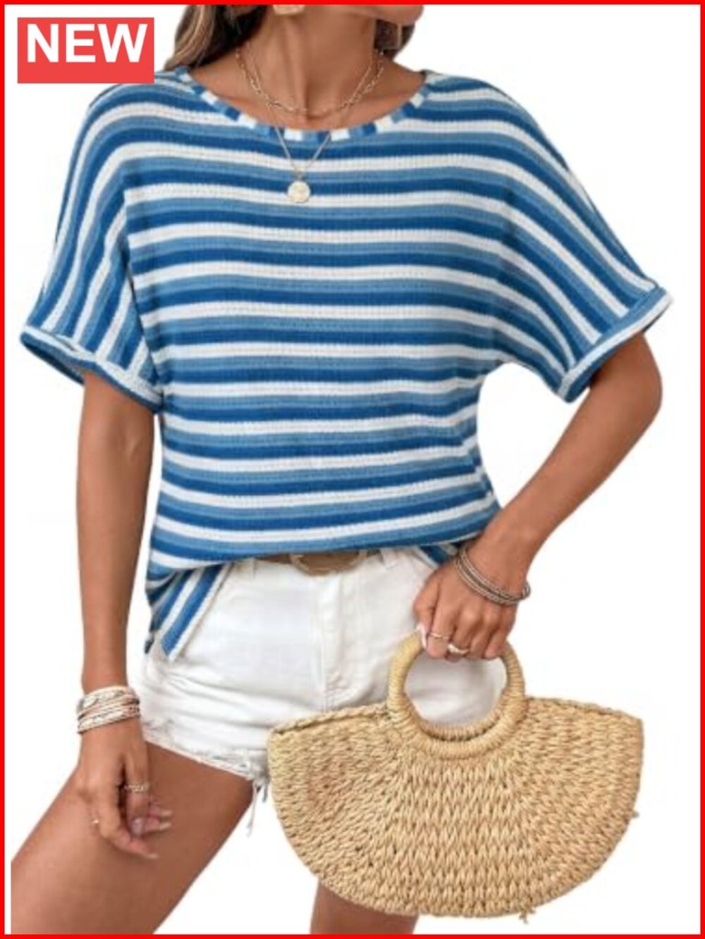 Waffle Knit Striped T-Shirt Crewneck Short Sleeve Casual Summer Top